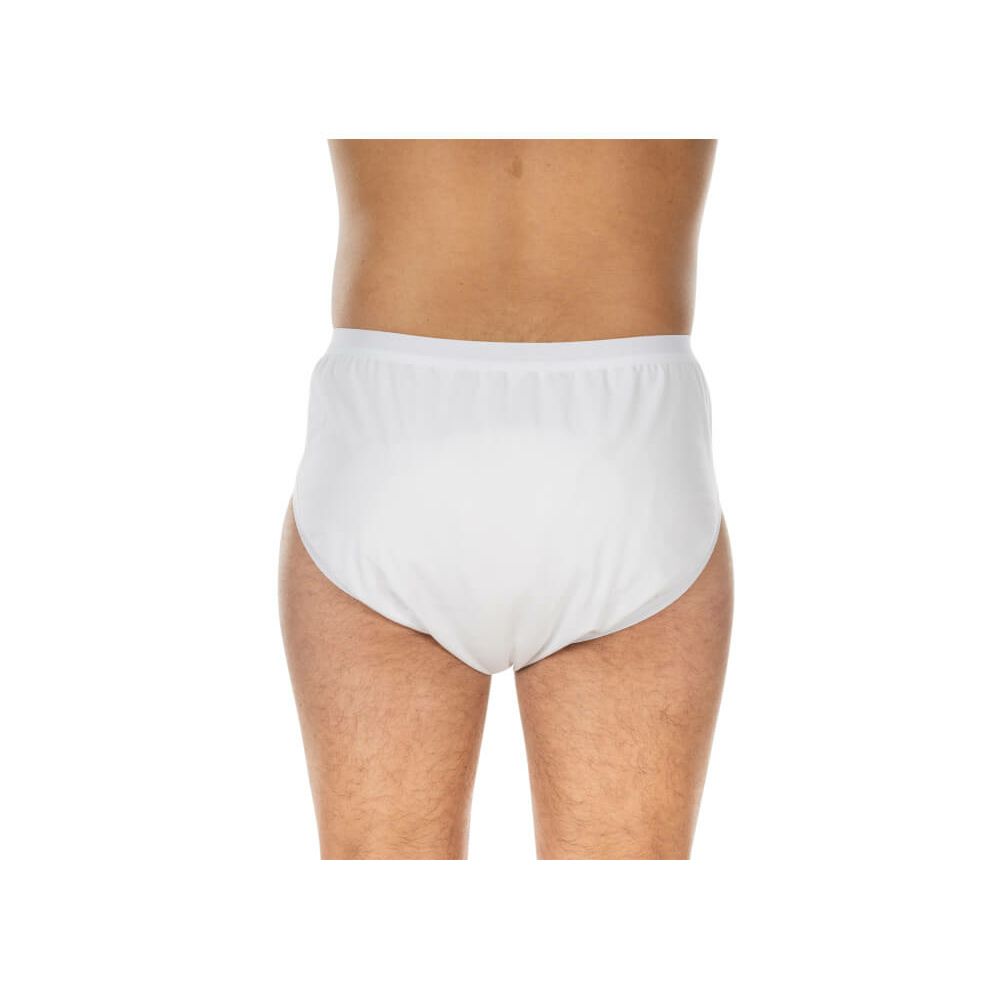Weiße Inkontinenz-Slip. Rückansicht. Elastischer Bund. Glatte Oberfläche.