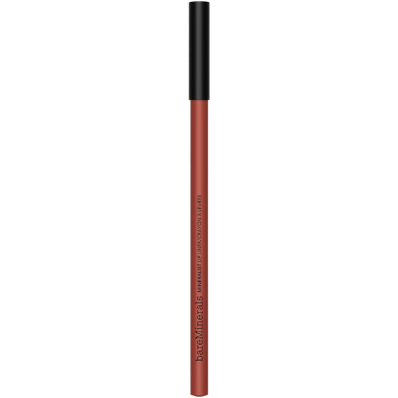 Lippenstift-Stift. Rotbraune Mine, schwarze Kappe. Aufschrift: bareMinerals Mineralist Lip Liner Crayon à Lèvres.
