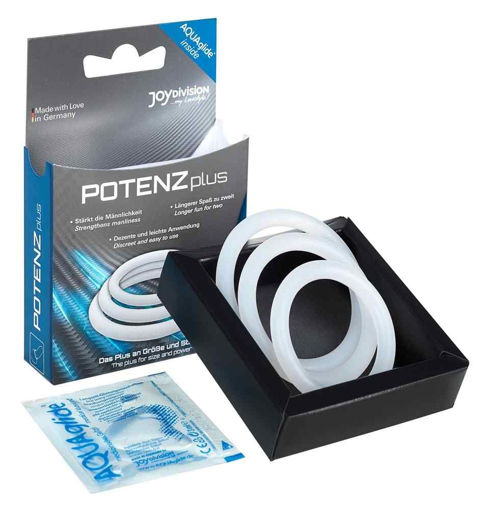 Verpackung mit drei weißen Ringen und einem Beutel Gleitmittel. Marke POTENZplus.