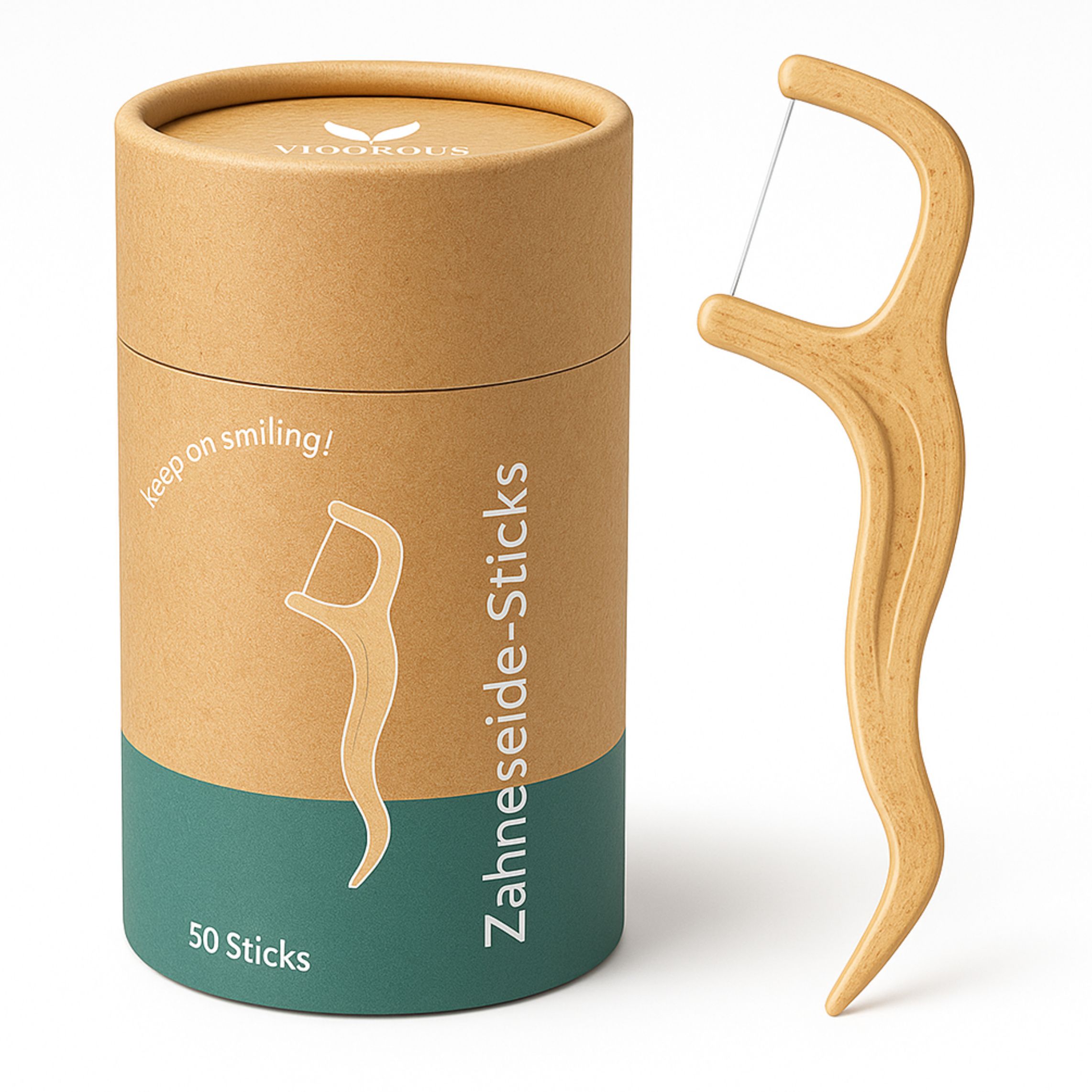 Zahnseide-Stick aus Holzoptik neben einer zylindrischen Verpackung. Aufschrift: Zahnseide-Sticks, 50 Sticks. Marke: VIGOROUS®.