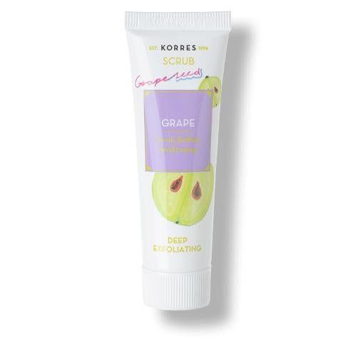 KORRES Peeling-Tube. Weiß, mit lila und grünen Grafiken. Schriftzug: Grape, Deep Exfoliating. Trauben-Illustration.
