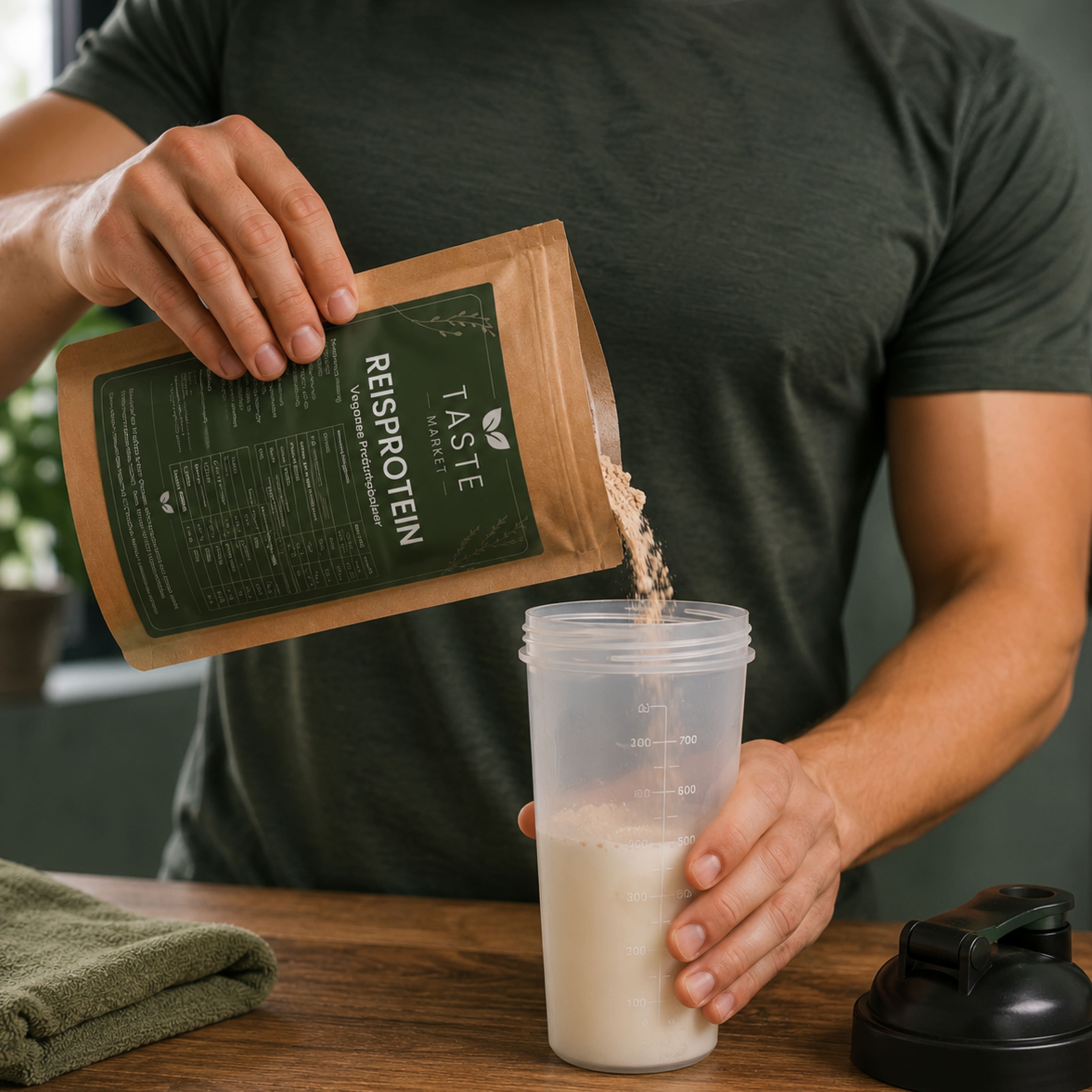 Mann mischt Taste Market Reisprotein Pulver in einen Shaker für einen Proteinshake.
