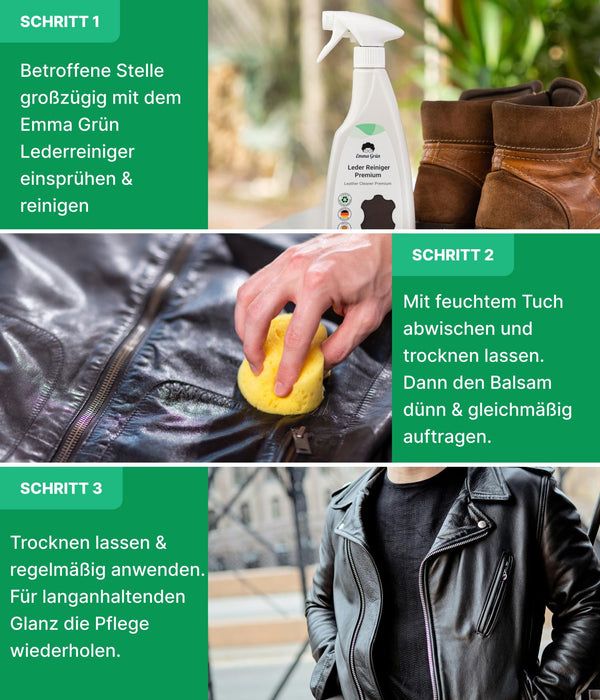 Emma Grün® Lederjacke pflegen Set mit Reiniger & Balsam