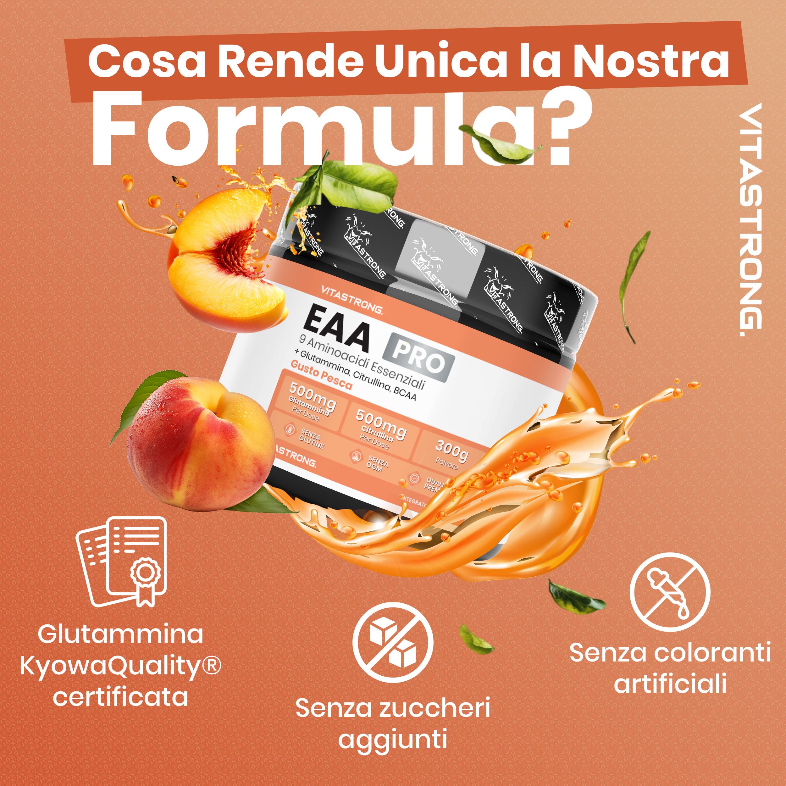 Vitastrong EAA Pro, Dose. 9 Aminosäuren, BCAA, Glutamin. Pfirsich-Geschmack. Zertifizierungen und Symbole.