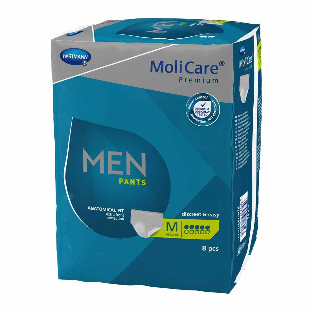 Verpackung MoliCare Premium MEN PANTS. Blaue Box mit Produktbezeichnung, Logo und Größenangabe. Anatomische Passform, diskret & einfach.