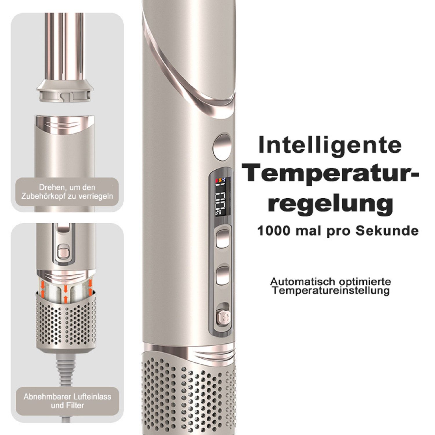 COOL-i Airstyler 8 in 1, 1400W Heißluftbürste mit Diffusor & Lockenaufsatz, 4 Temperaturen, 3 Stufen