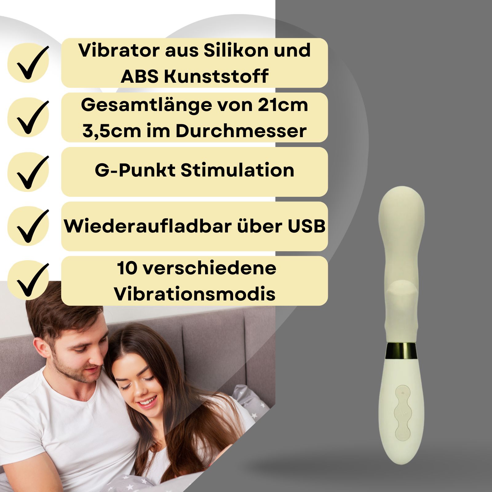 Vibrator, cremefarben, neben Paar. Text: Silikon und ABS, 21cm, 3,5cm, USB.