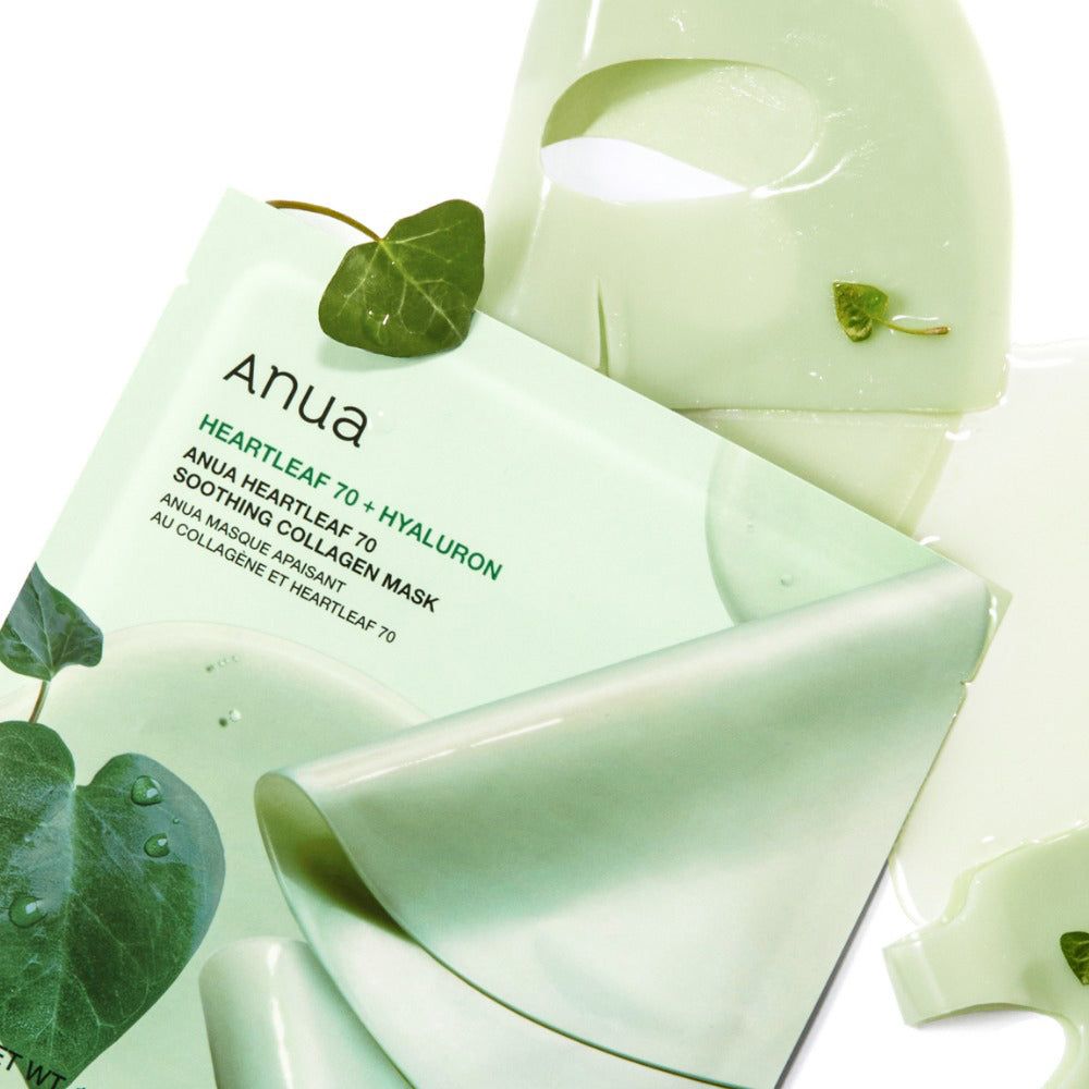 Grüne Verpackung mit Maske und Flüssigkeit. Produktname und Inhaltsangaben. Maske teilweise entfaltet.