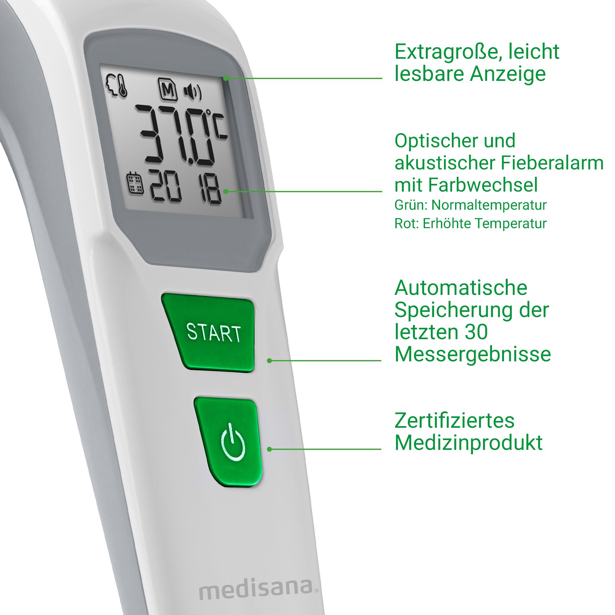 Nahaufnahme medisana Fieberthermometer: Großes Display, Start-Taste, Power-Knopf, "Zertifiziertes Medizinprodukt".