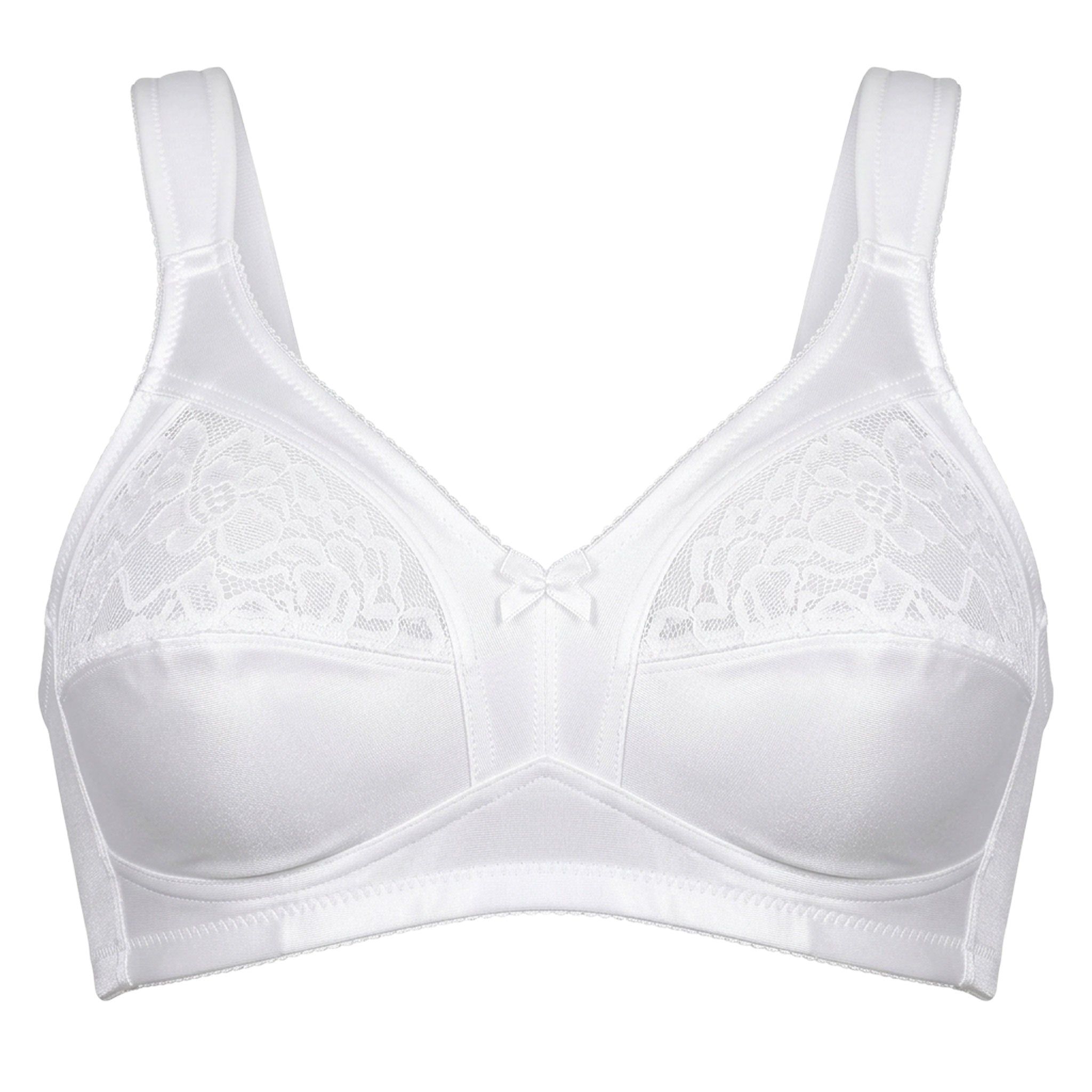 Weißer BH aus Satin und Spitze, Cup A, ohne Bügel. Mit breiten Trägern und Spitze an den Cups. Kleiner Schleife zwischen den Cups.