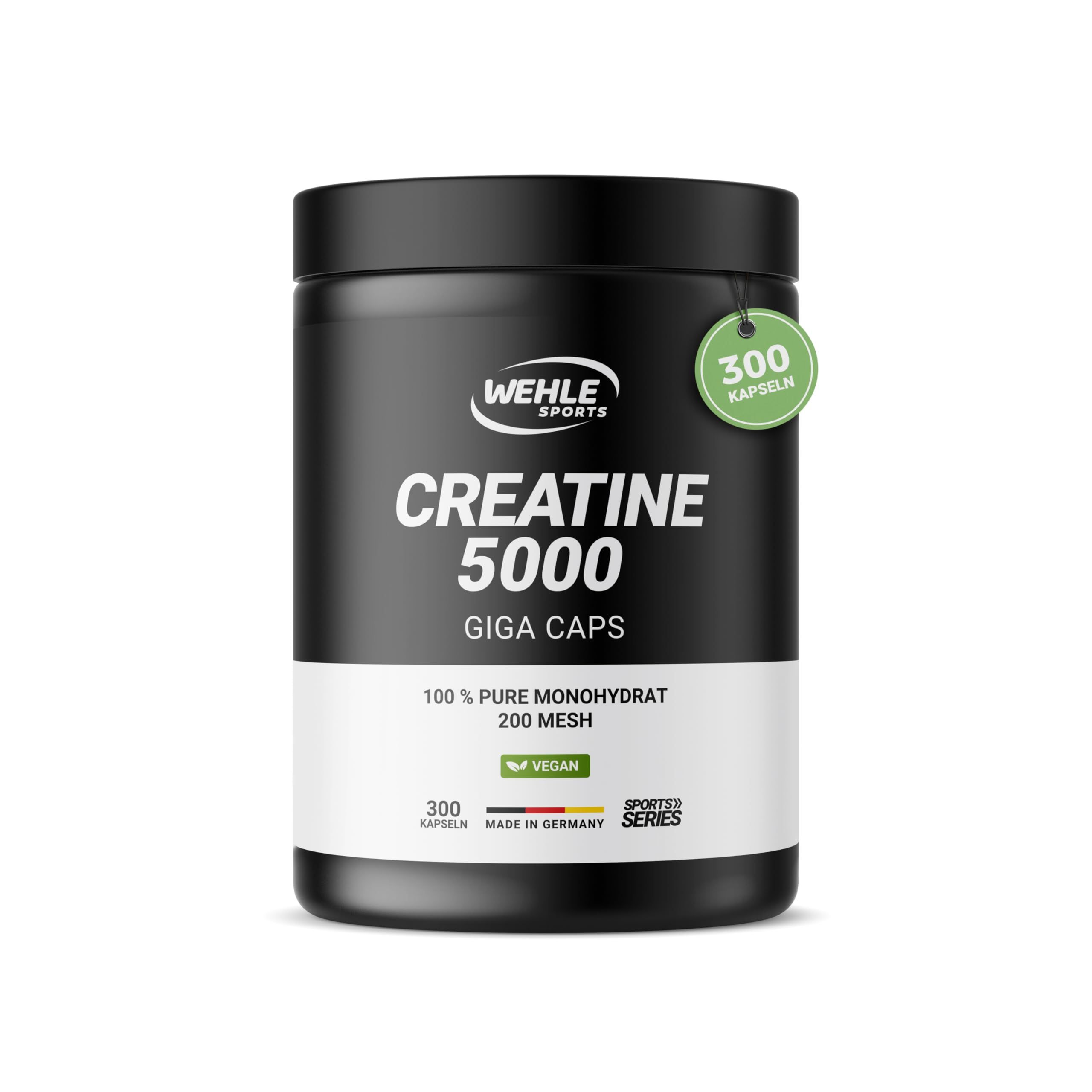 Schwarze Dose mit 'Creatine 5000' Aufschrift. Enthält 300 Kapseln. 'Wehle Sports' Logo. Grünes Vegan-Logo.
