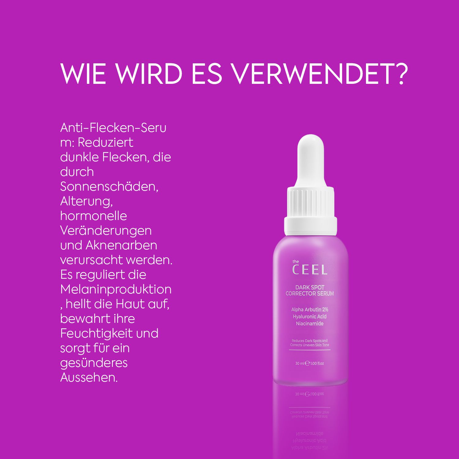 Lila Flasche des THE CEEL Anti Dark Spot Corrector Serums neben Text, der die Anwendung beschreibt.