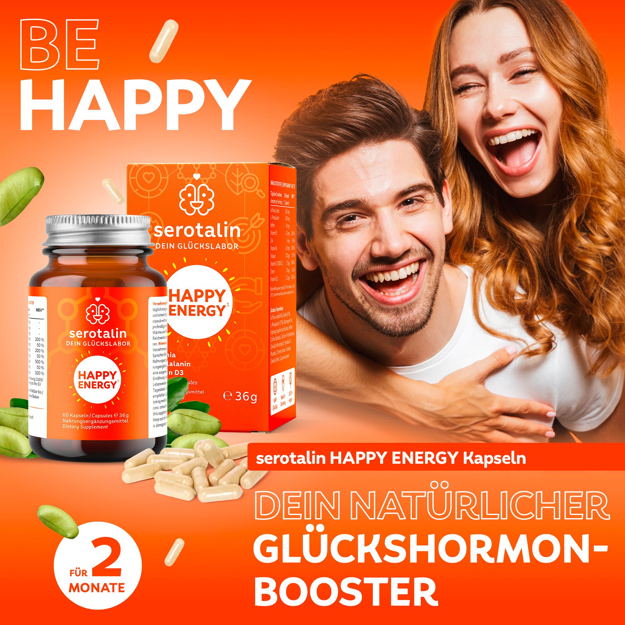 serotalin® Happy Energy 60 Kapseln - Energie, Wohlbefinden & Fokus I 5-Htp Phenylalanin Koffein St