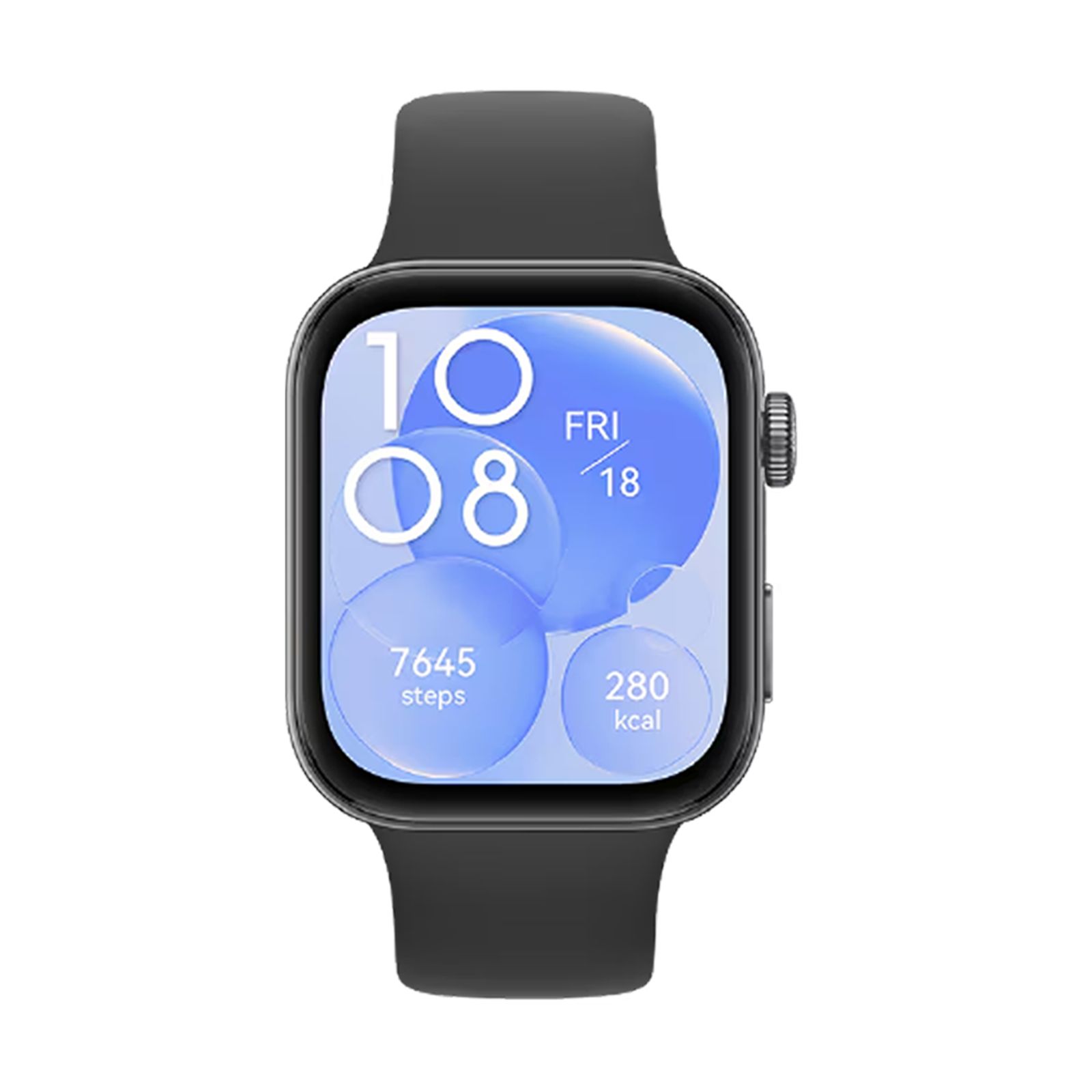 Schwarze Smartwatch mit quadratischem Display. Zeigt Uhrzeit, Datum und Fitnessdaten. Schwarzes Armband.