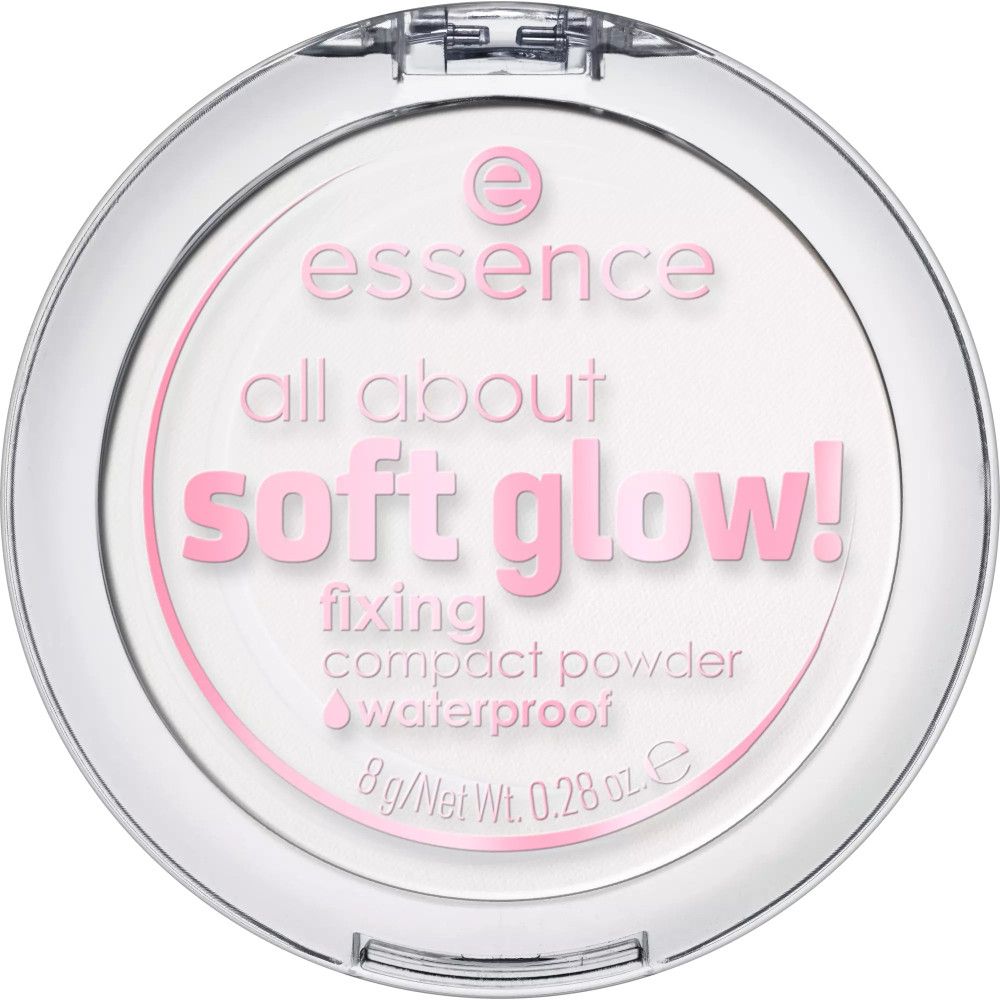 Runder, transparenter Kompaktpuder-Behälter. Rosa Schriftzug: essence, all about soft glow!, fixing compact powder, waterproof. 8g/Net Wt. 0.28 oz.