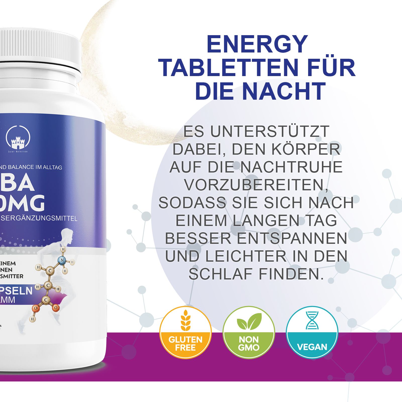Weiße Flasche mit blau-lila Etikett. Text: Energy Tabletten für die Nacht. Glutenfrei, Non-GMO, Vegan. Mond im Hintergrund.