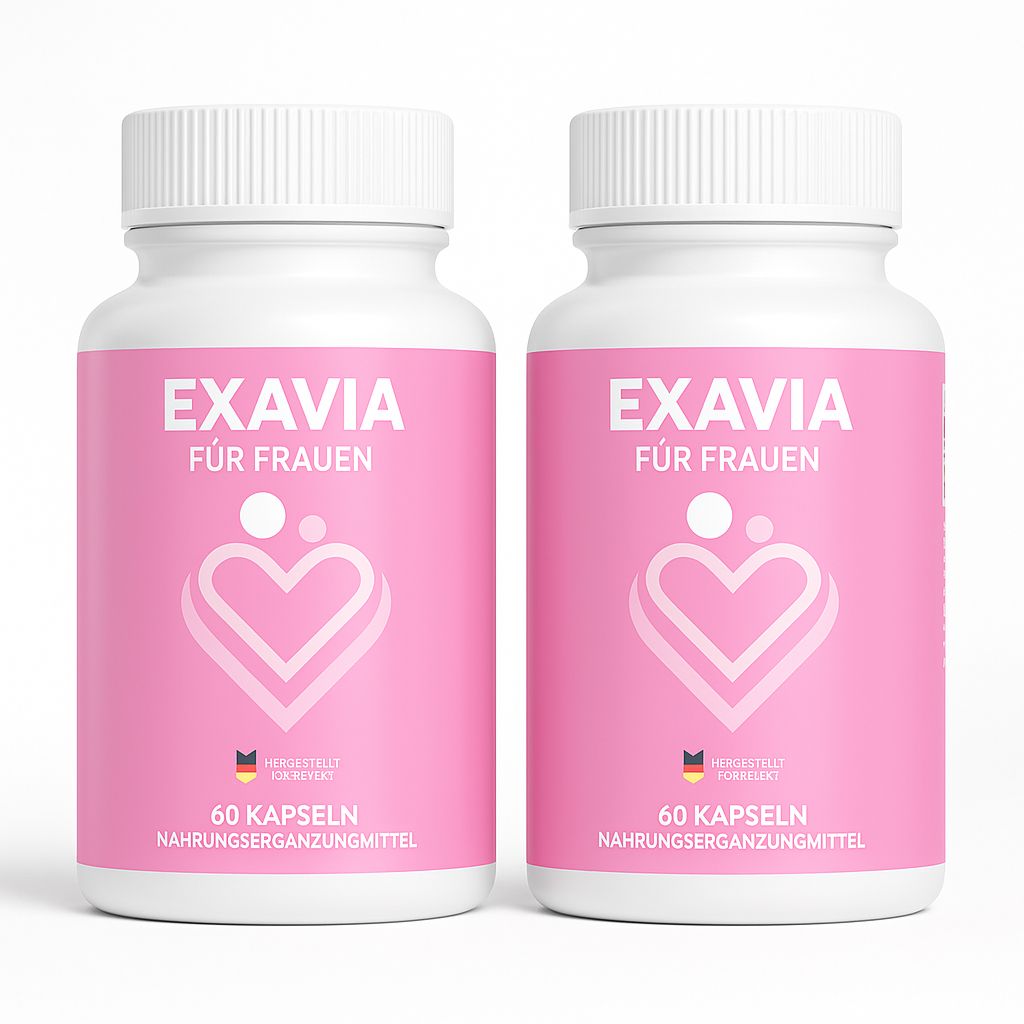 Zwei weiße Flaschen mit rosa Etiketten. Aufschrift: EXAVIA FÜR FRAUEN. Logo: Herz. 60 Kapseln. Nahrungsergänzungsmittel. Hergestellt in Deutschland.