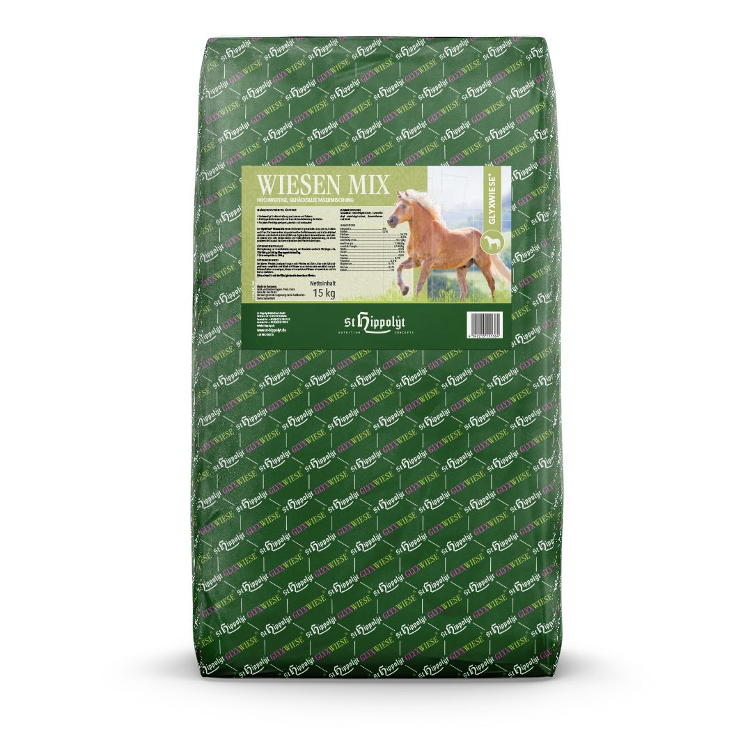 Grüner Sack mit Produktinformationen. Aufdruck "Wiesen Mix" und Abbildung eines Pferdes. Marke: St. Hippolyt.