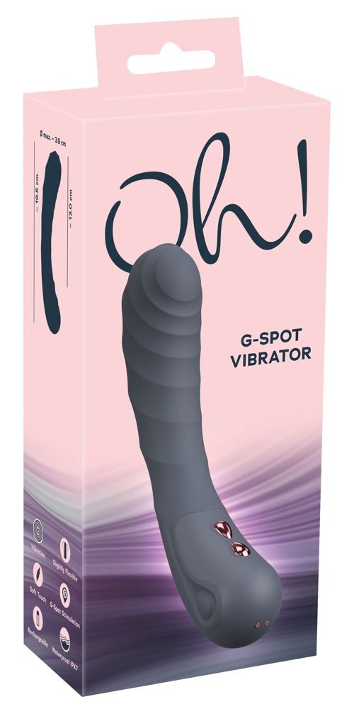 Verpackung für einen G-Punkt-Vibrator. Rosa und graue Farbtöne. Produktname: Oh! G-Spot Vibrator. Abmessungen.