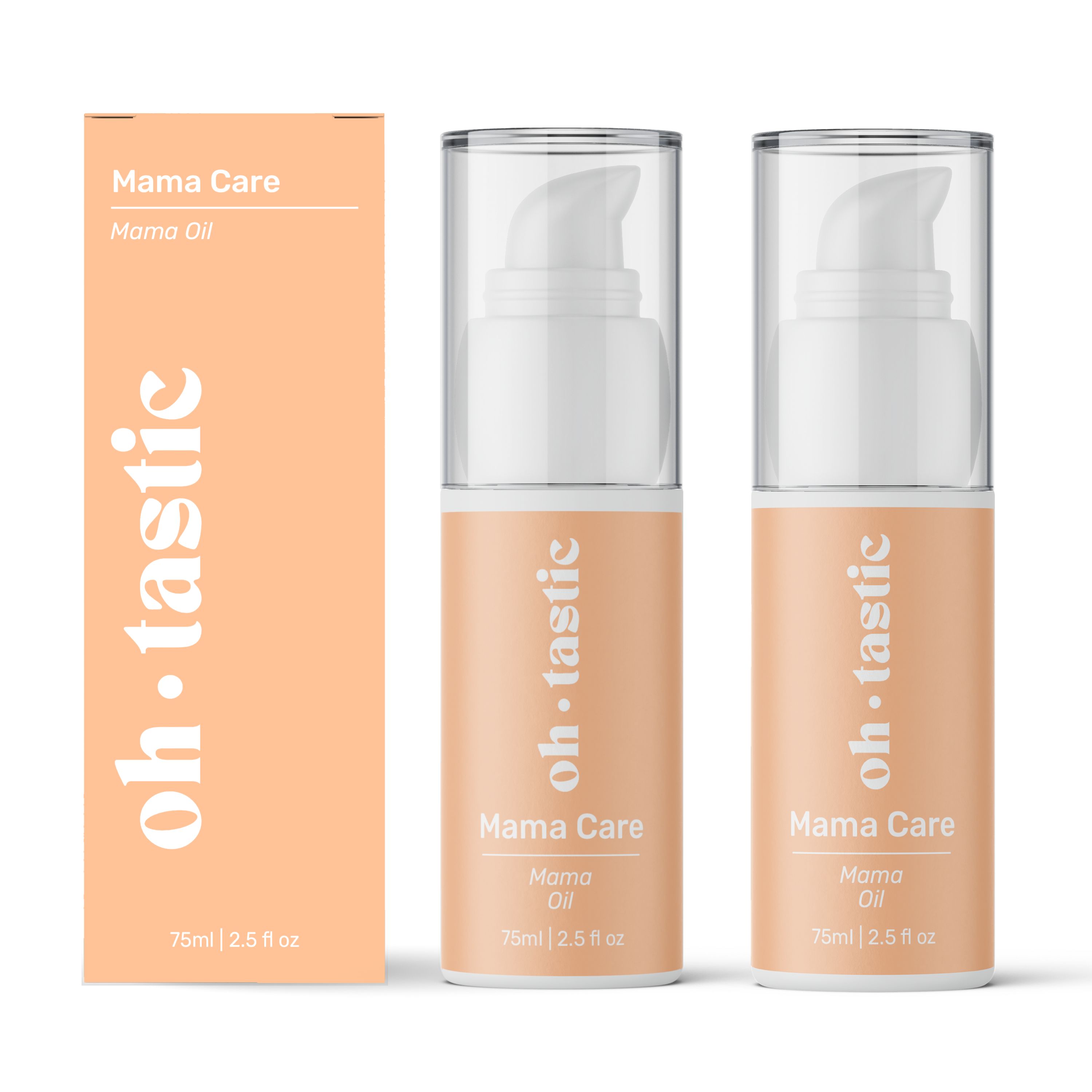 Zwei Flaschen und eine Verpackung von oh.tastic Mama Oil. Die Flaschen haben einen Pumpkopf und eine beige Etikettierung.