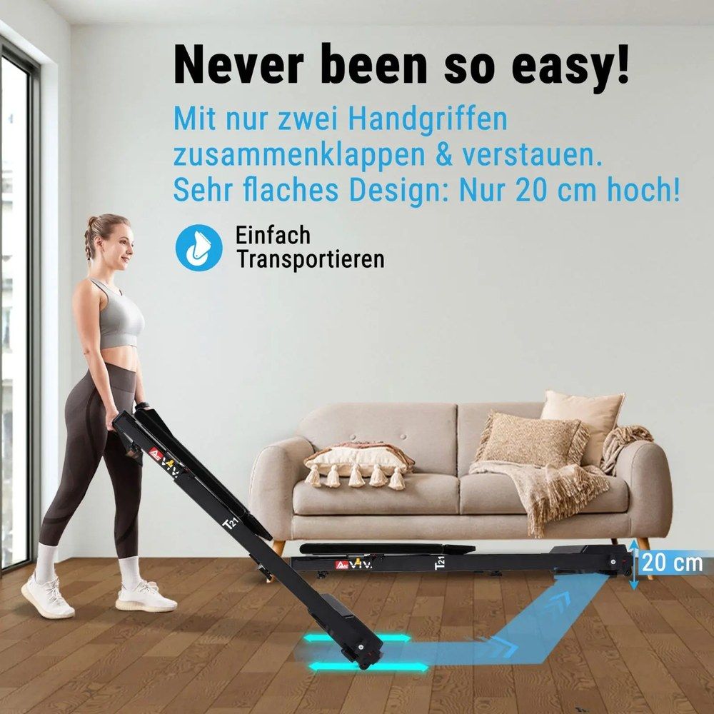 Frau klappt Laufband T21 zusammen, das nur 20 cm hoch ist, für einfachen Transport.