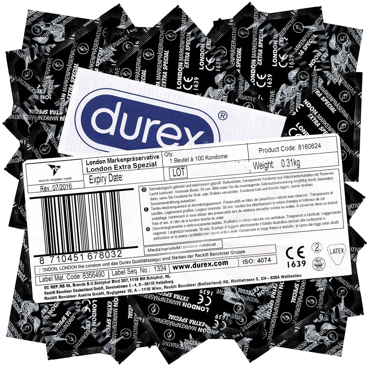 Durex Kondome, London Extra Spezial. Verpackung mit mehreren Einzelverpackungen. Aufdruck mit Produktinformationen und CE-Kennzeichnung.