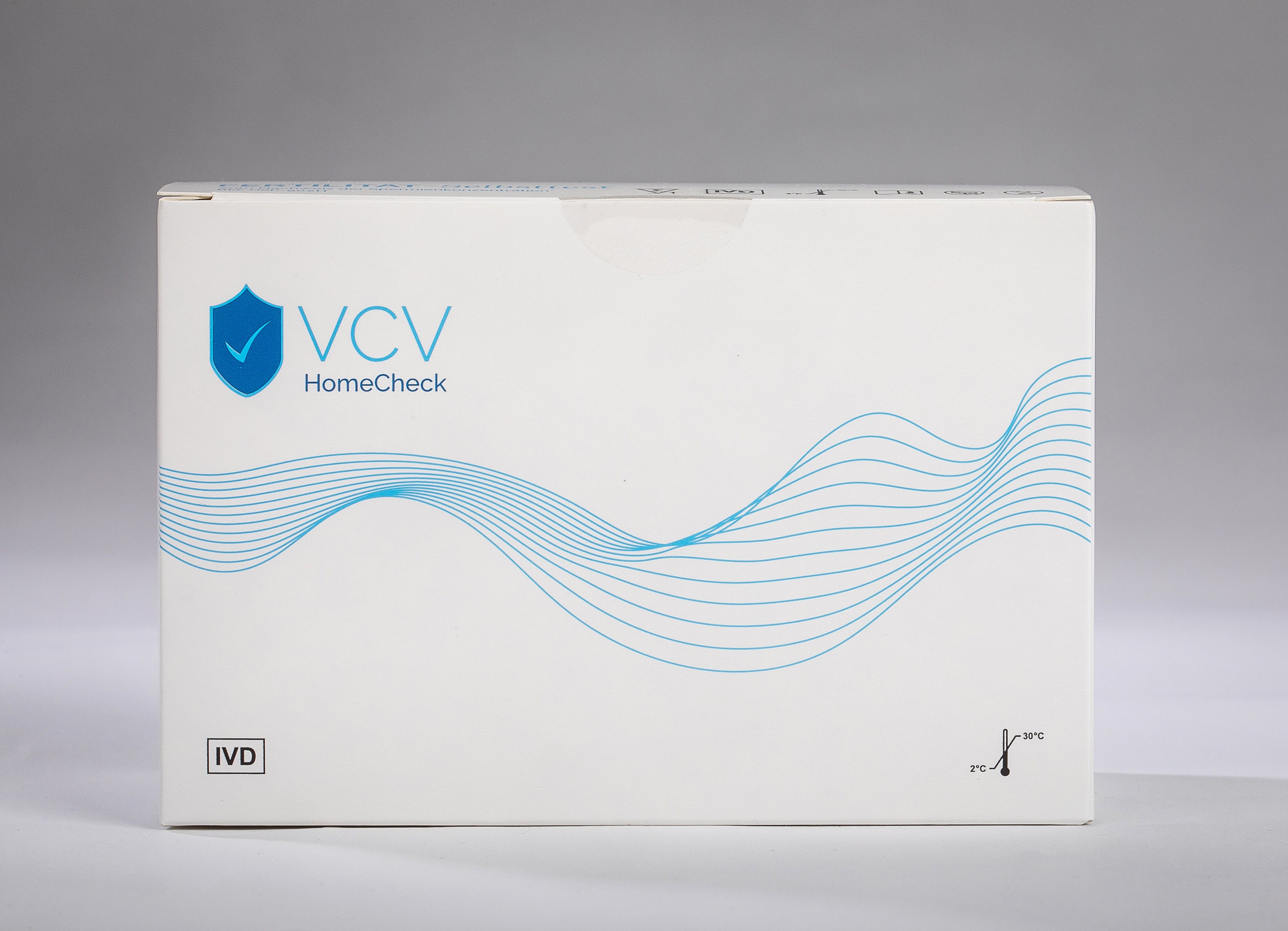 Weiße Verpackung mit blauem Logo VCV HomeCheck. Wellenmuster und Text: Fertilität-Selbsttest.