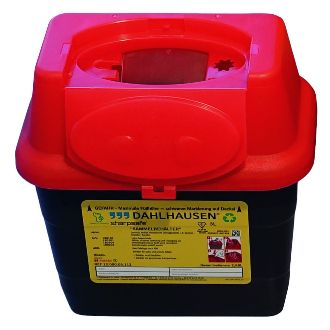 Abwurfbehälter mit rotem Deckel. Schwarzer Behälter mit gelbem Etikett. Aufschrift: Dahlhausen Sharpsafe, 3L.