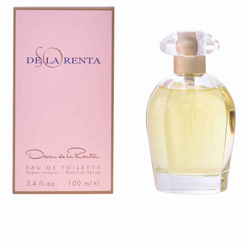 Parfümflasche mit rosa Verpackung. Flasche mit transparentem Deckel und goldfarbenem Hals. Verpackung mit Text.