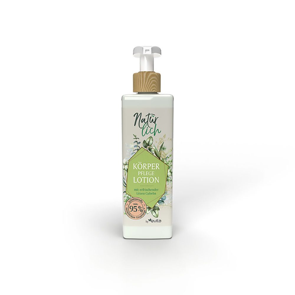Körperpflegelotion Natürlich by evita. Flasche mit Pumpverschluss. Text: Körper Pflege Lotion. 95% Inhaltsstoffe natürlichen Ursprungs.