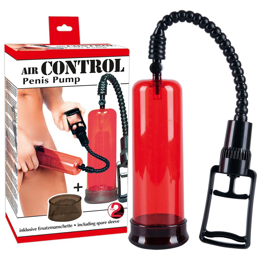 Produktverpackung mit roter Zylinderpumpe, schwarzem Schlauch und Griff. Text: AIR CONTROL Penis Pump. Ersatzmanschette.