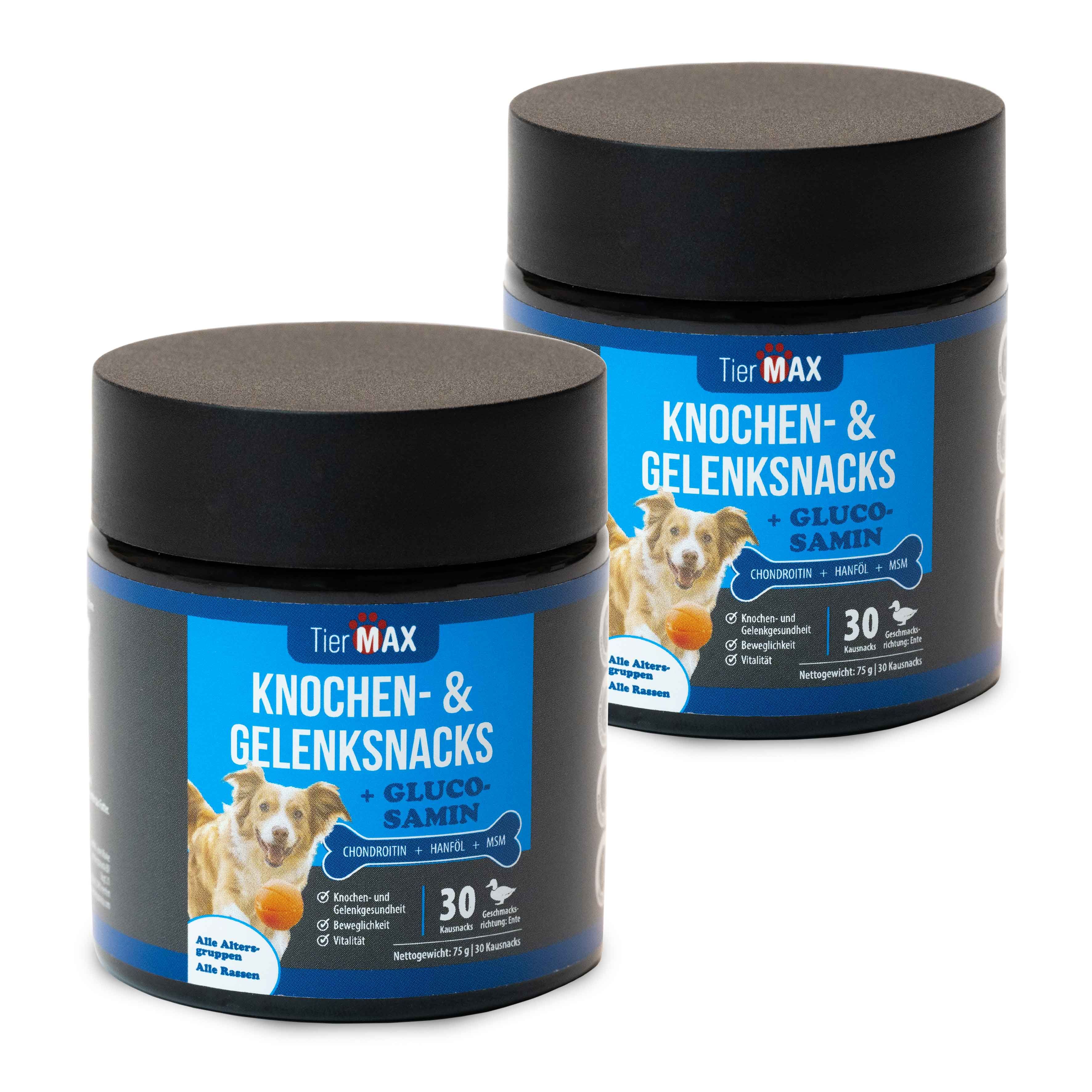 Zwei Dosen TierMAX Knochen- & Gelenksnacks. Blaue Dosen mit Produktnamen, Hund-Illustration, 30 Kapseln.