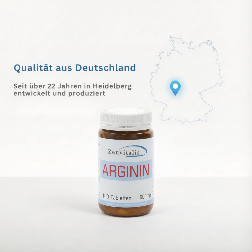 Tablettenflasche mit weißem Deckel. Text: ARGININ, 100 Tabletten, 600mg. Marke: Zenvitalis. Qualität aus Deutschland.