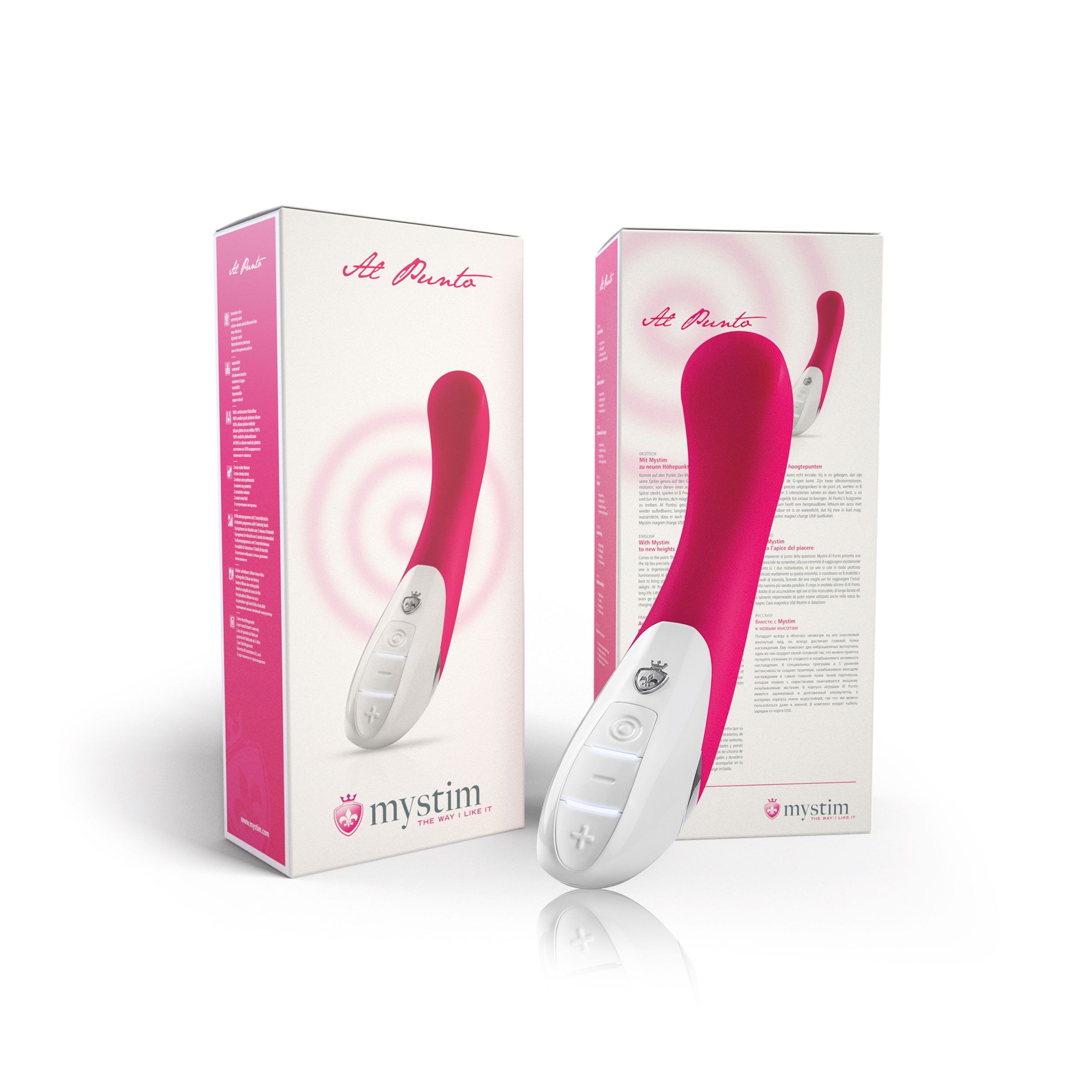 Zwei Produktverpackungen. Pinkfarbener Vibrator mit weißem Bedienfeld. Produktname: Mystim Al Punto.