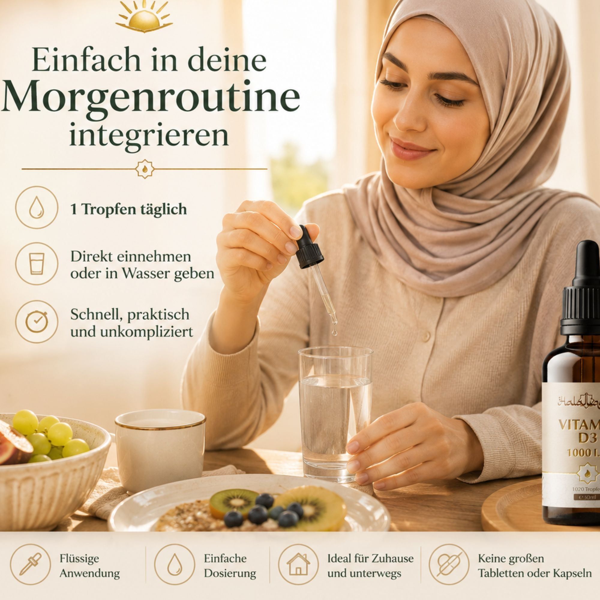 Frau gibt Tropfen aus Pipette in Glas Wasser, neben ihr Flasche Vitamin D3 Tropfen.