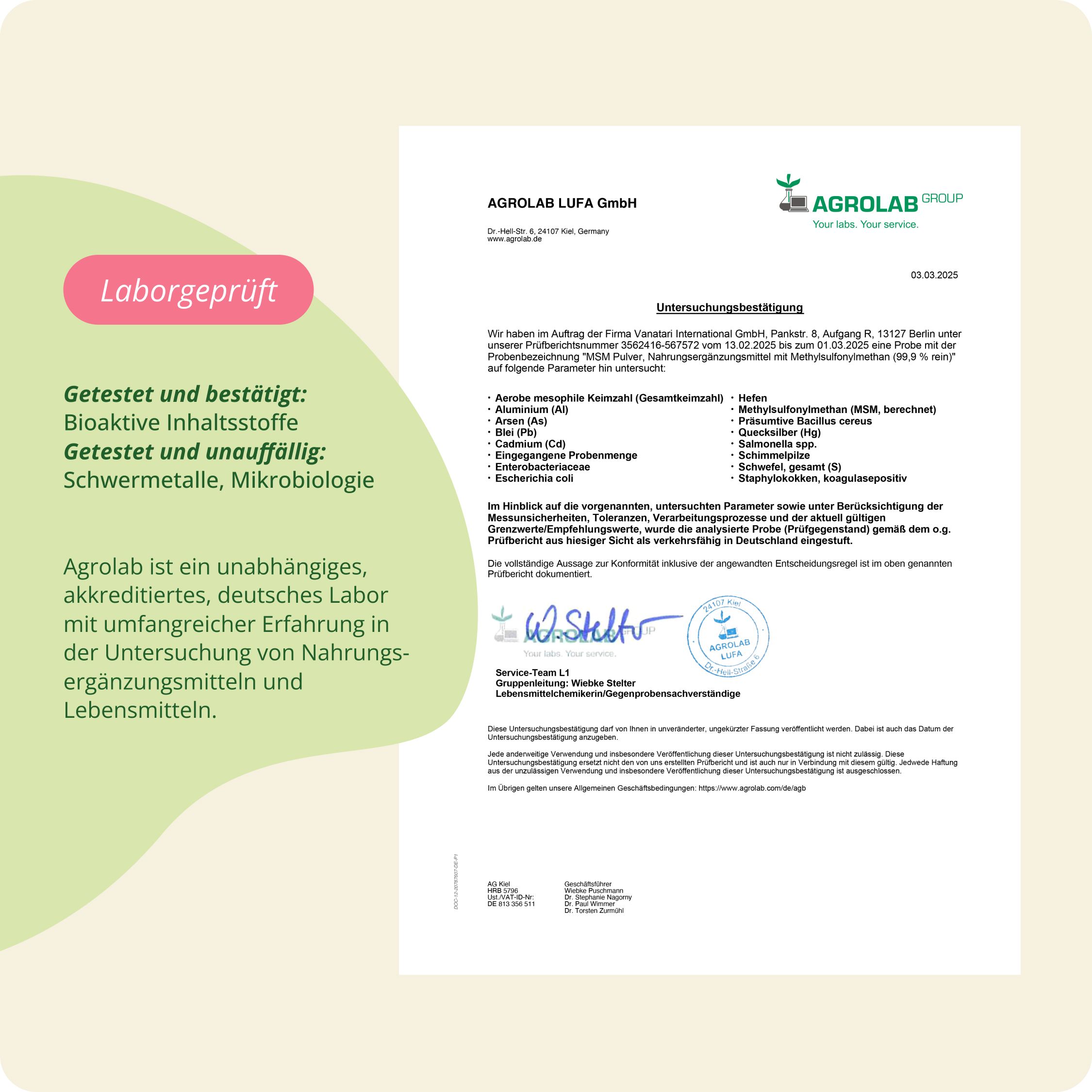 Laborbericht von AGROLAB LUFA GmbH. Bestätigung von bioaktiven Inhaltsstoffen und Mikrobiologie. Akkreditiertes deutsches Labor.