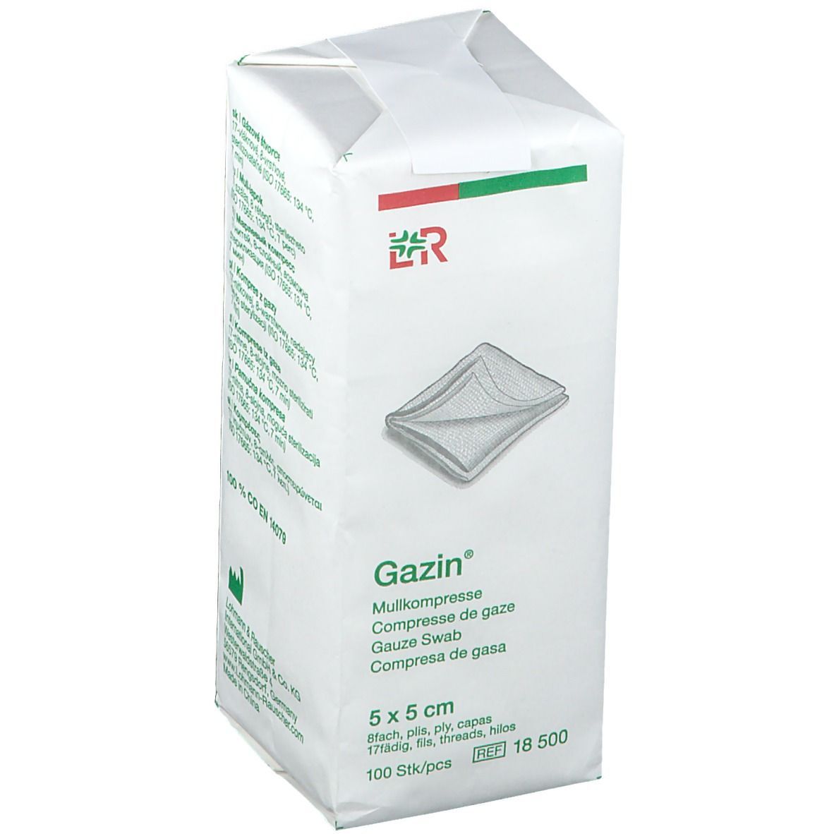 Verpackung mit Gazin Mullkompressen, 5 x 5 cm. 100 Stück. Aufdrucke: Gazin, 8fach, unsteril.