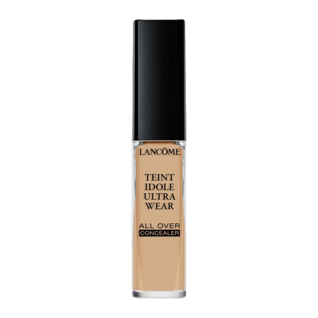 Lancôme Teint Idole Ultra Wear Concealer. Beige Flüssigkeit in rechteckiger Glasflasche mit schwarzem Deckel. Schriftzug.