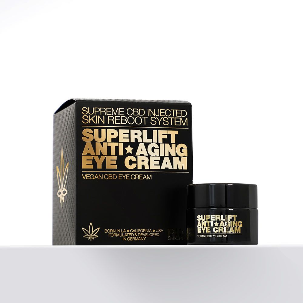 Schwarze Schachtel und Tiegel. Aufdruck: Superlift Anti-Aging Eye Cream. Vegan CBD Eye Cream. Mit Cannabis-Logo.
