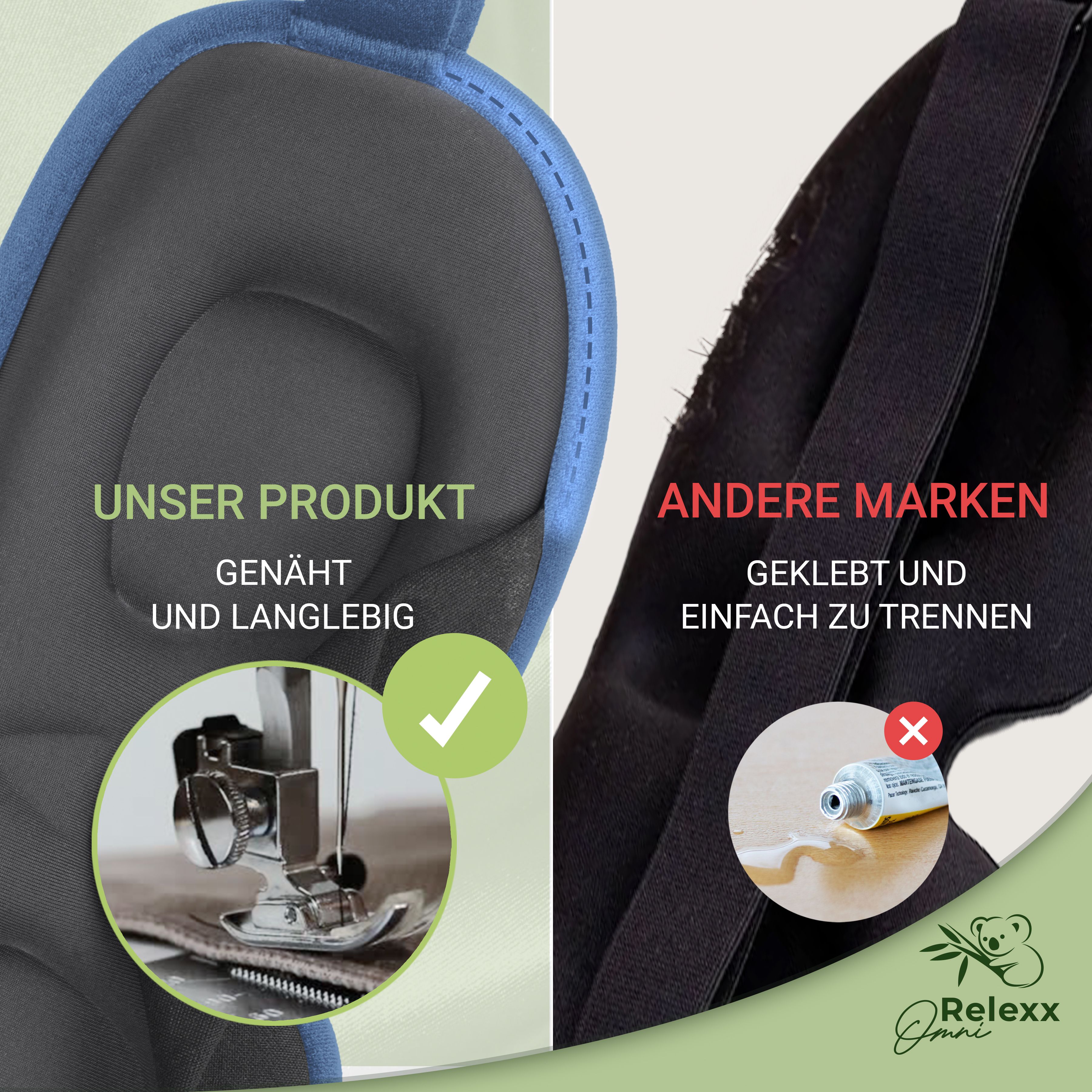 Vergleich: Genähte Schlafmaske vs. geklebte. Text: Unser Produkt genäht und langlebig. Marke: Relexx Omni.