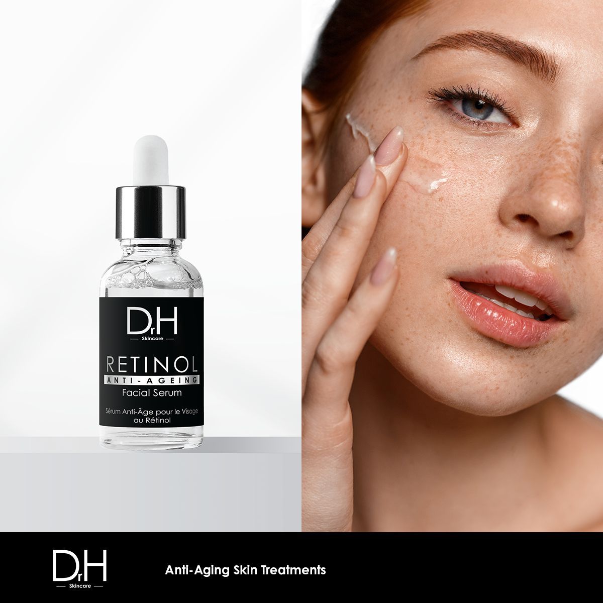 Serumflasche neben Gesicht. Frau trägt Serum auf. Flasche mit Pipette. Text: Anti-Aging Facial Serum.