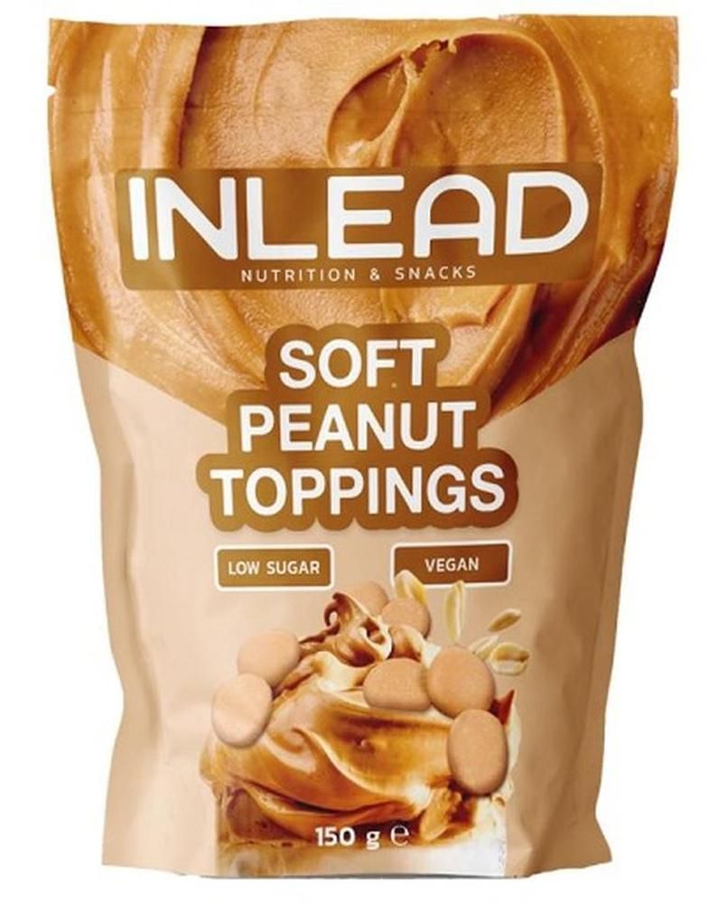 Beutel mit INLEAD Soft Peanut Toppings. Aufschrift: Low Sugar, Vegan. Abbildung von Erdnuss-Toppings.