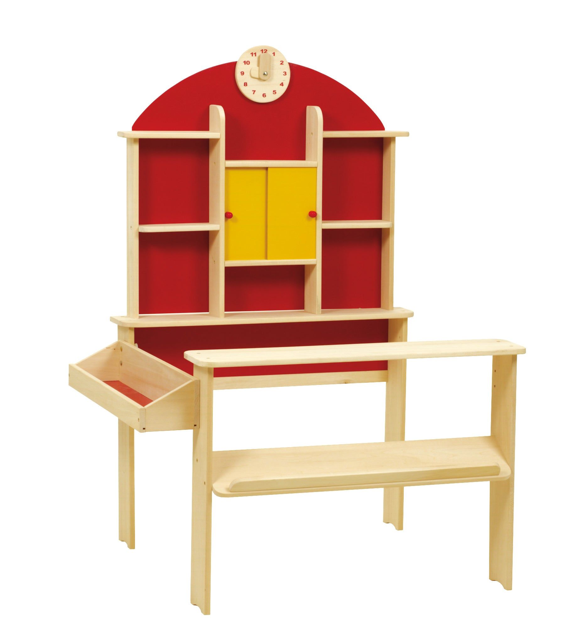 Verkaufsstand aus Holz mit roter Rückwand, gelben Türen und Uhr.