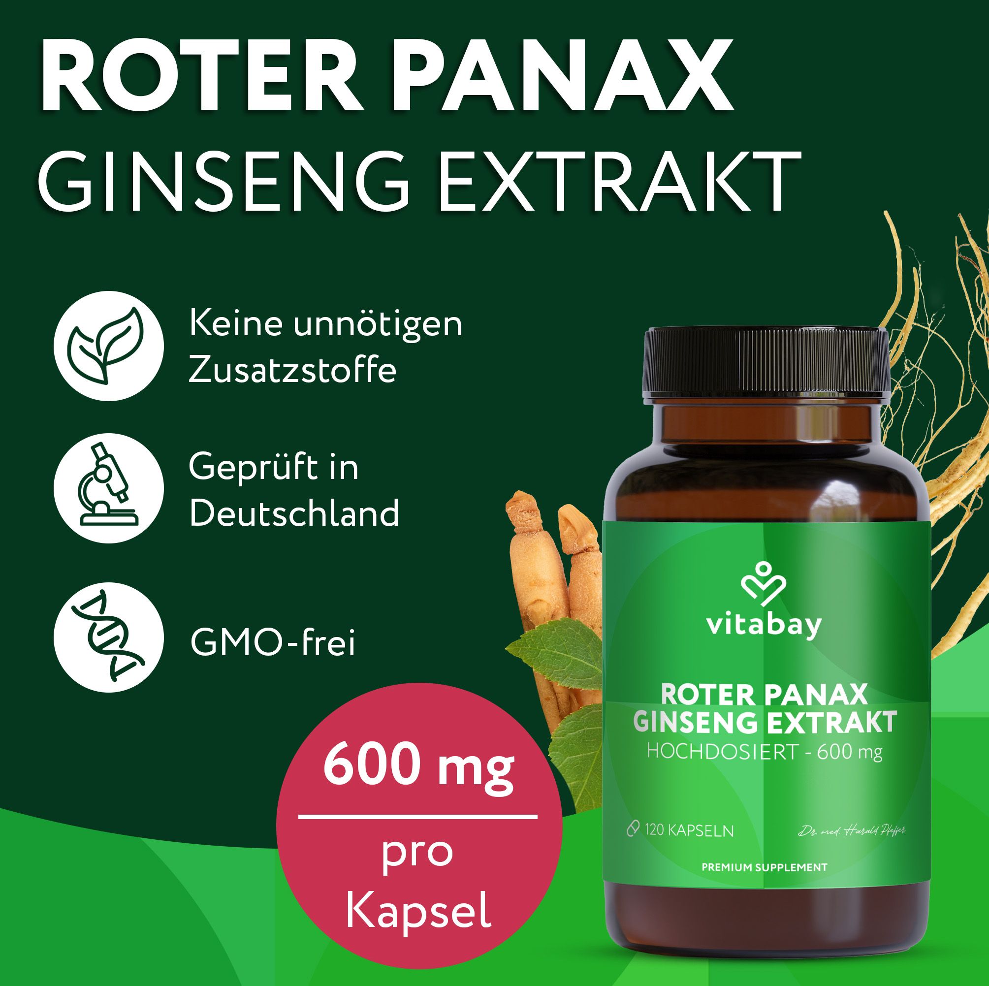 Vitabay Roter Panax Ginseng Extrakt Kapsel mit 600 mg, geprüft in Deutschland.