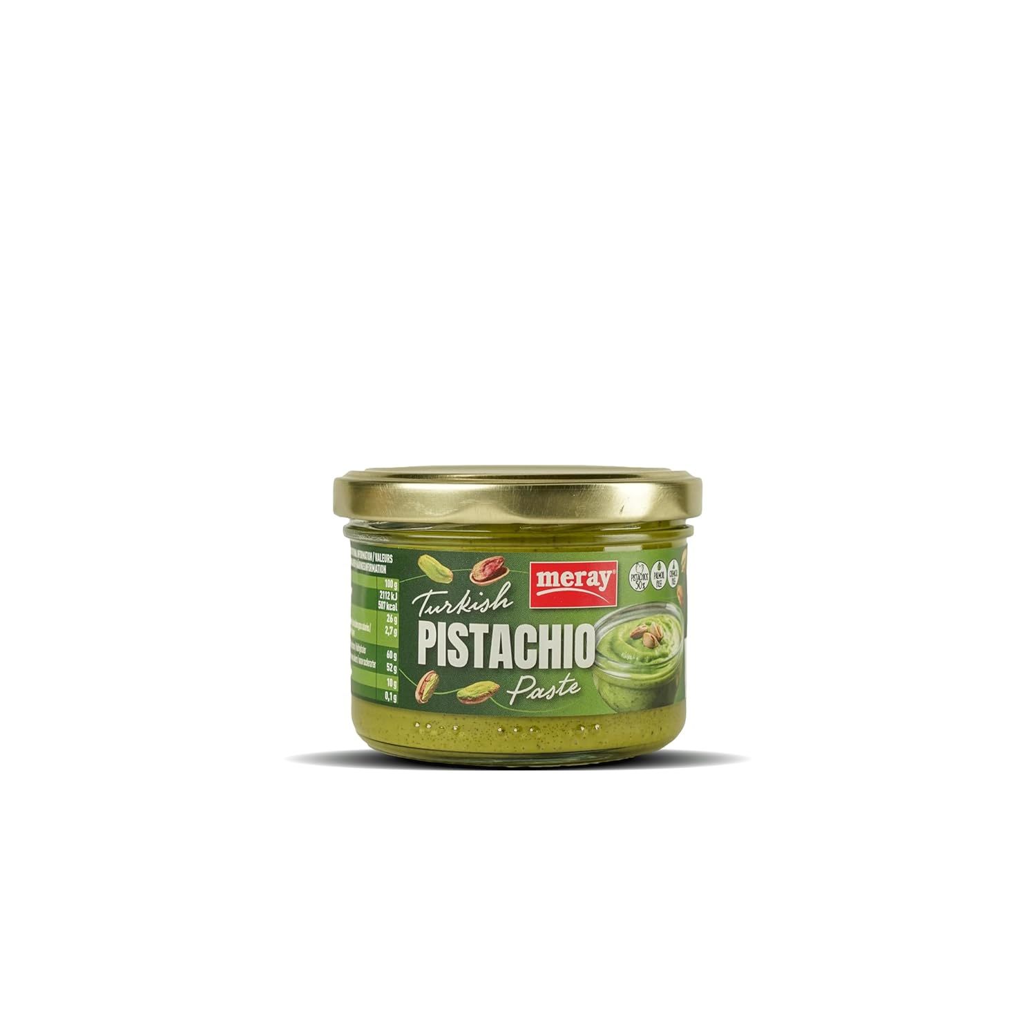 Glas mit türkischer Pistazienpaste. Aufschrift: Meray, Pistachio Paste. Goldfarbener Deckel. Grüne Paste sichtbar.