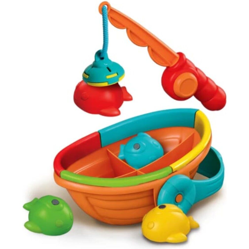 Angelspielzeug für Babys. Boot, Angelrute und Fische in bunten Farben. Aus Kunststoff.