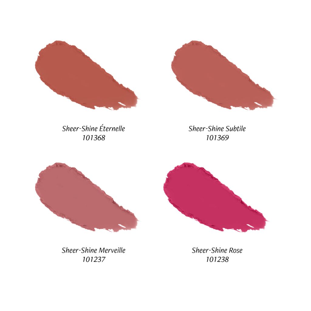 Vier Lippenstift-Farbmuster. Farben: Sheer-Shine Éternelle, Subtile, Merveille, Rose. Auf weißem Hintergrund.