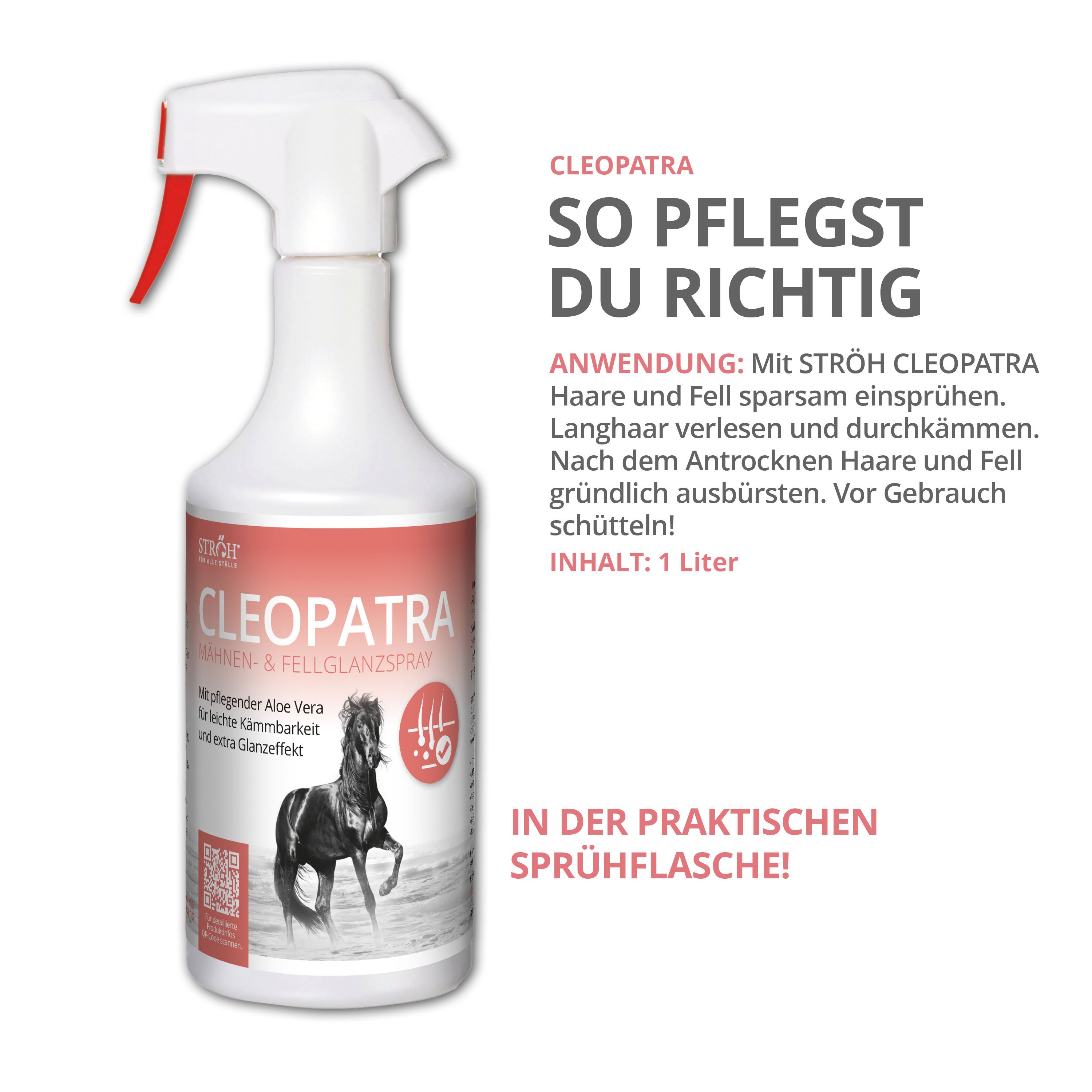 Weiße Sprühflasche STRÖH Cleopatra. Roter Sprühkopf. Produktname und Pferd-Illustration auf dem Etikett. Text über Anwendung.