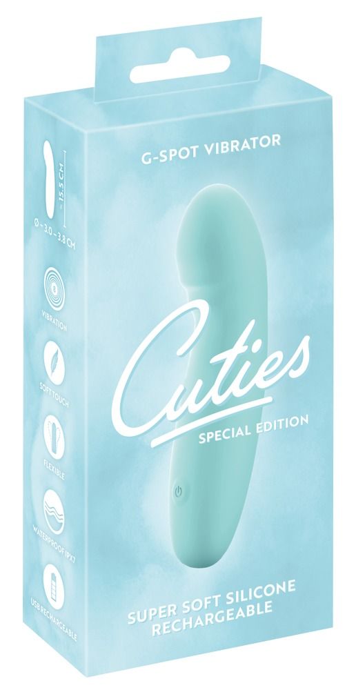 Türkisfarbener G-Punkt-Vibrator in Verpackung. Aufschrift: Cuties, Special Edition, Super Soft Silicone Rechargeable.