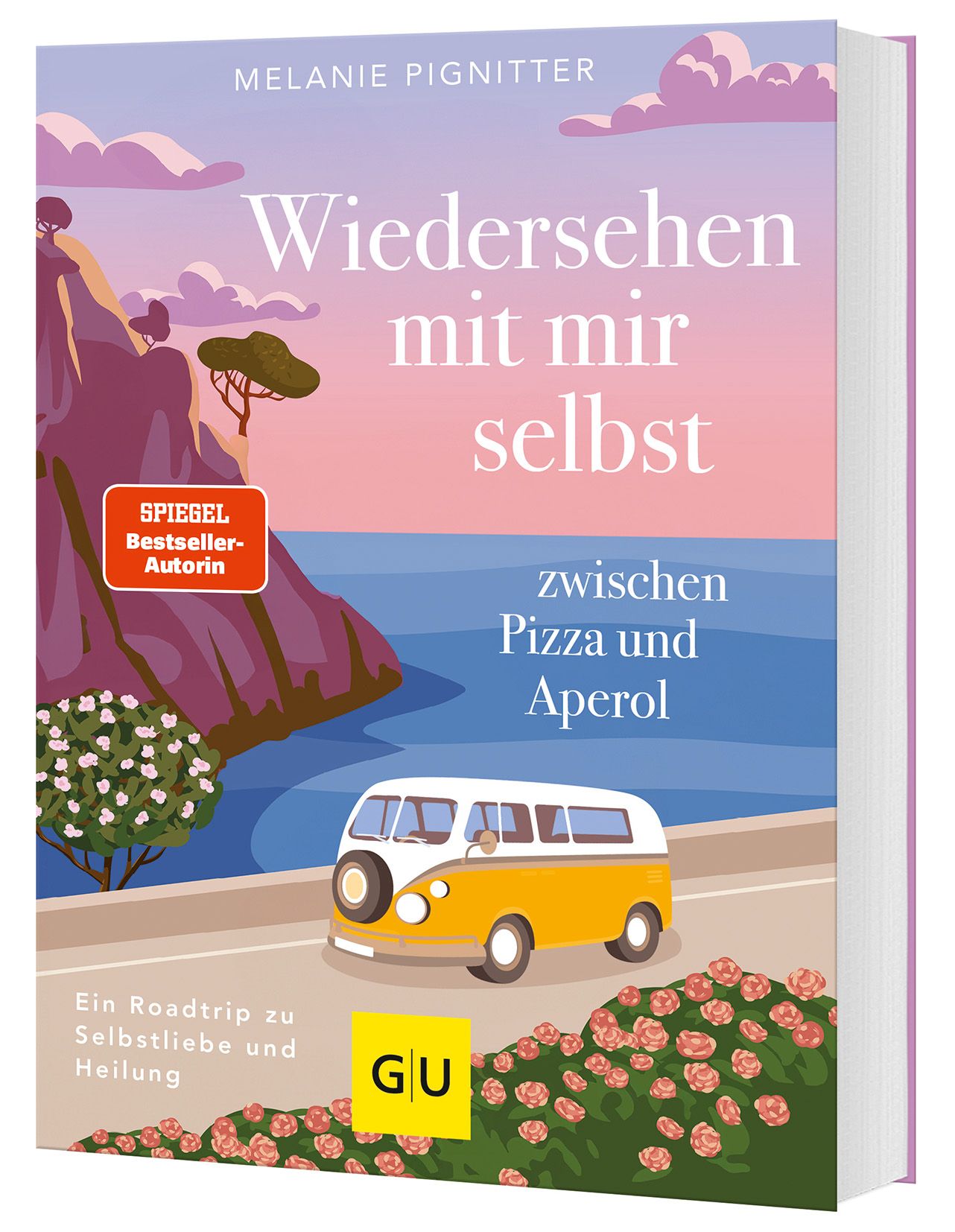 Buchcover: "Wiedersehen mit mir selbst". Autorin: Melanie Pignitter. Titel in Großbuchstaben. Gelber VW-Bus auf Straße, Meer, Berge.